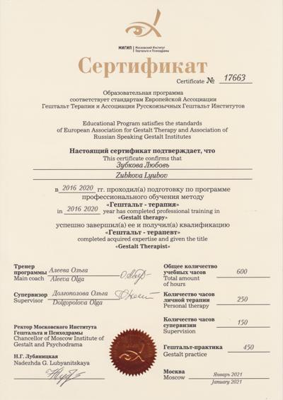 Московский институт гештальта и психодрамы Гештальт-терапевт 2016-2020