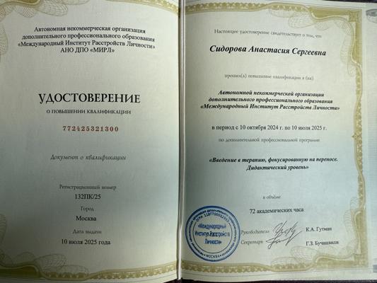 АНО ДПО «Международный институт расстройств личности» Введение в терапию, фокусированную на переносе  2024-2025