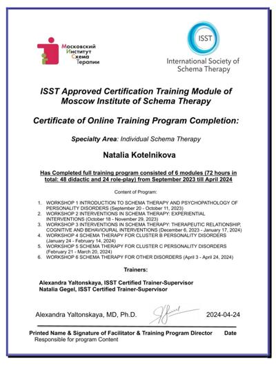 Московский Институт Схема-терапии  Индивидуальная схема-терапия 2023-2024