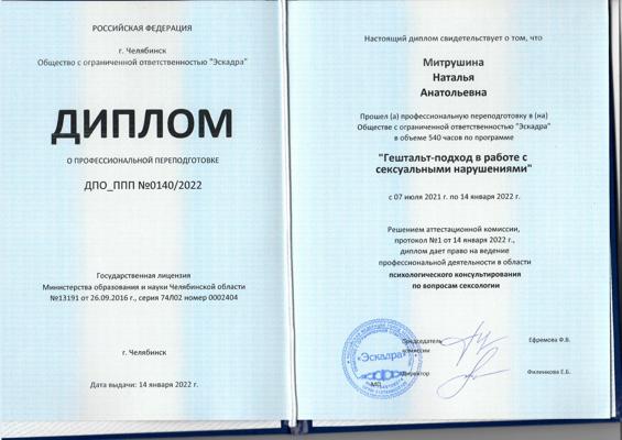 Общество с ограниченной ответственностью "Эскадра", г. Челябинск  Гештальт-подход в работе с сексуальными нарушениями  2021-2022