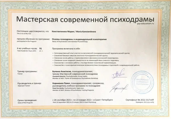 Мастерская современной психодрамы Основы психодрамы и индивидуальной психотерапии 2021-2022