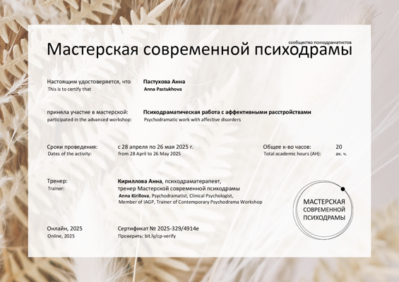Мастерская современной психодрамы Психодраматическая работа с аффективными расстройствами 2025