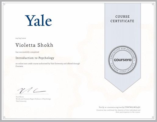 Coursera. Yale University. Introduction to psychology. 2020