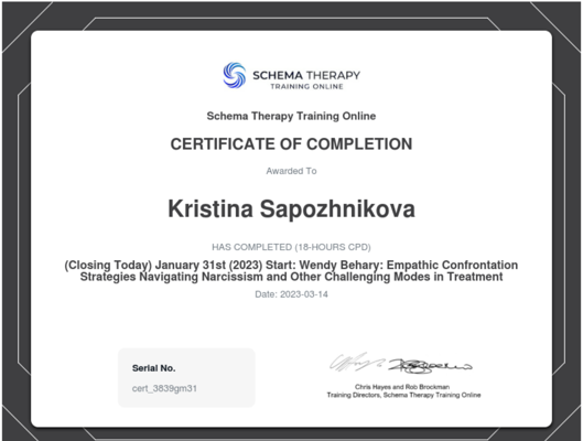 Schema Therapy Training Online (ISST accreditation) Schema-therapy: navigating narcissism and other challenging modes in treatment 2023