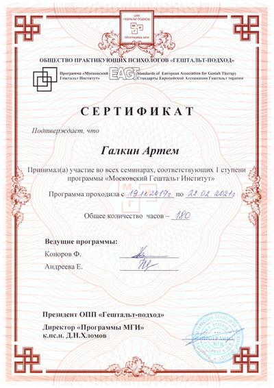 Московский Гештальт Институт Гештальт-терапия, 1 ступень 2019-2021
