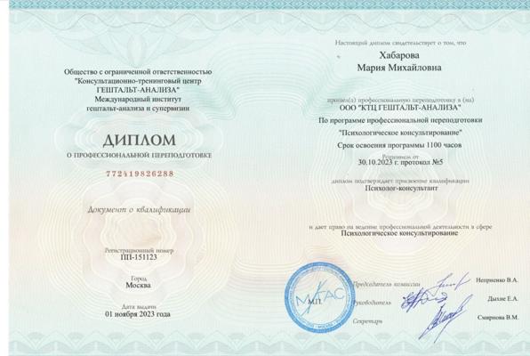 Московский институт гештальт-анализа и супервизии Психолог-консультант 2021-2023
