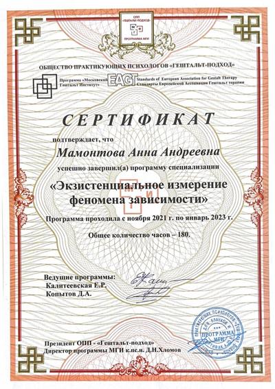 Московский Гештальт Институт Экзистенциальное измерение феномена зависимости 2021-2023