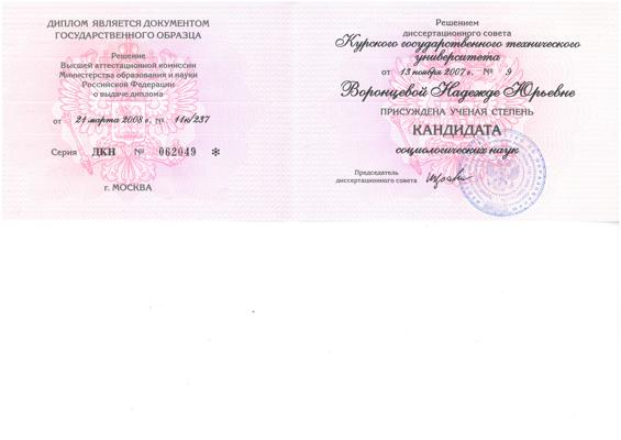Высшая аттестационная комиссия Министерства образования и науки РФ  кандидат социологических наук 2004-2007