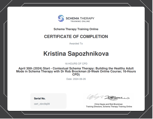 Schema Therapy Training Online (ISST accreditation) Contextual Schema Therapy: Building the Healthy Adult Mode 2024